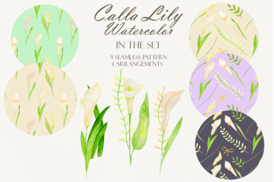 Watercolor Calla lily clipart patterns