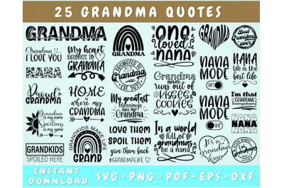 Grandma Quotes SVG Bundle, 25 Designs, Grandma Sayings SVG, Nana SVG