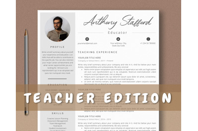 Teacher Resume Template with Photo for Word &amp; Pages