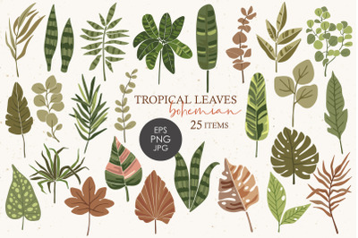 Tropical leaves clipart, Abstract parrots clipart, Boho tropical PNG