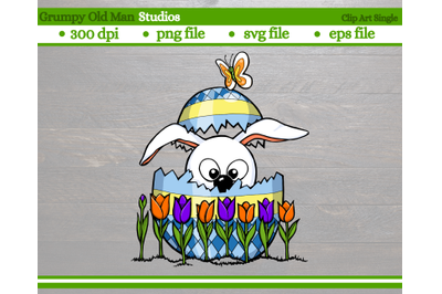 bunny peaking out of easter egg | row of tulips