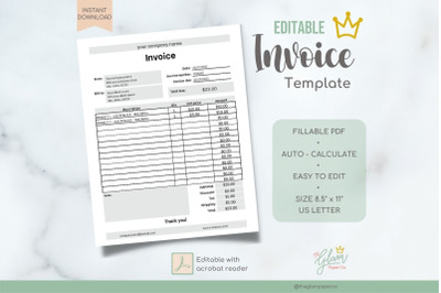 Editable Invoice template, Small Business Editable PDF