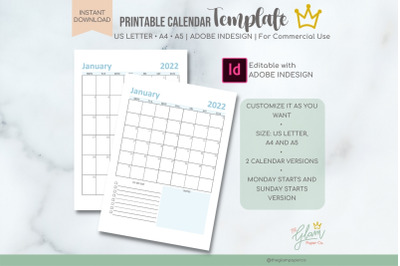 Calendar InDesign Template, planner template
