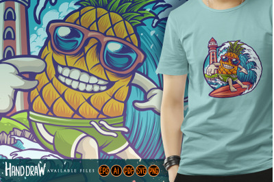 Pineapple surf summer logo mascot illustrations