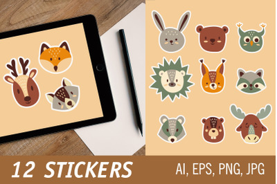 Cute faces of forest animals. Printable Stickers for Cricut