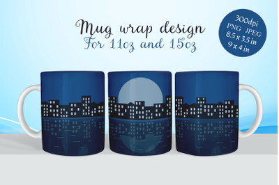 Coffee mug wrap, Night city landscape png