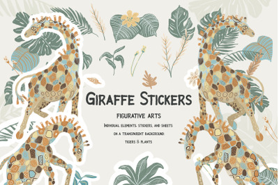 Tropical Giraffes PNG. Digital Stickers, Elements, Sheets.