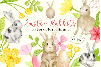 Watercolor Rabbit Clipart. Easter Bunny and Spring Flowers PNG