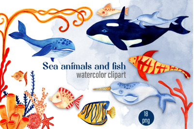 Watercolor Sea fish clipart, marine clipart