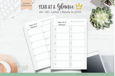 Year at a Glance Printable Planner, Planner set. A4, A5, &amp; US Letter,A