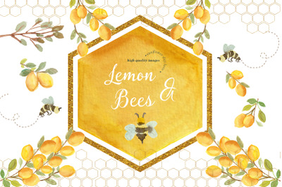 Lemon and Bees Watercolor Clipart