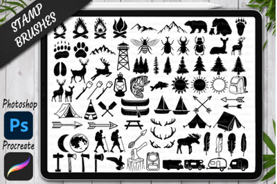 Camping Stamps Brushes for Procreate and Photoshop. Camping Set.
