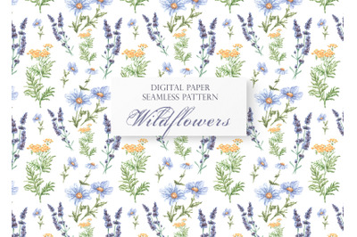 Wildflowers seamless pattern. Watercolor garden. Meadow flowers.