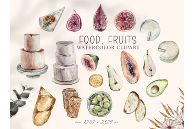 Watercolor food and fruit clipart - 18 png files