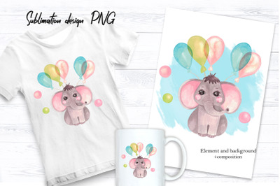 Baby Elephant With Balloons Sublimation Design For Printing