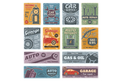 Retro car metal signs, garage, fuel, auto service posters. Gasoline st