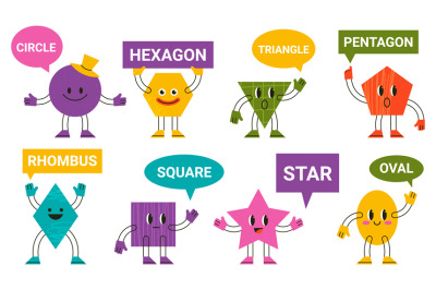 Abstract funny geometric comic characters with speech bubbles. Cartoon