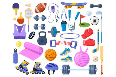 Cartoon sport equipment, fitness, athlete gym accessories. Sports inve