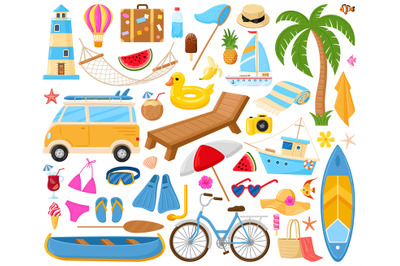 Cartoon beach, summertime symbols, cocktail, coconut, umbrella and sli