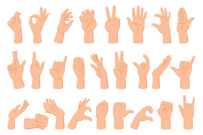 Cartoon human hand expression gestures, counting fingers and thumb up.