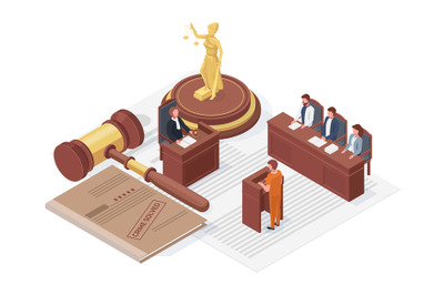 Law justice isometric concept, themis and judge hammer. Judge passes s