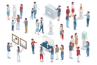 Isometric museum tour, exhibition visitors and curator characters. Gui