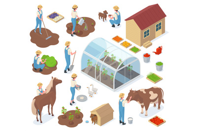 Isometric garden, farm characters, 3d greenhouse, agriculture elements