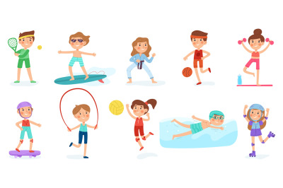 Kids sport exercise, children workout, boy and girl fitness characters