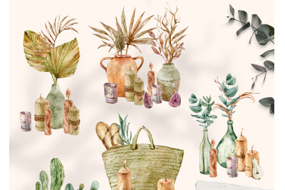Watercolor boho potted plant clipart - 5 png files