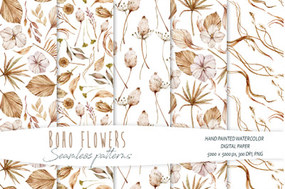 Watercolor boho floral seamless patterns- 5 PNG &amp; JPEG files