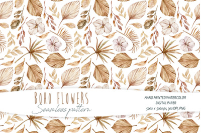 Watercolor boho floral seamless patterns- 1 PNG &amp; JPEG file