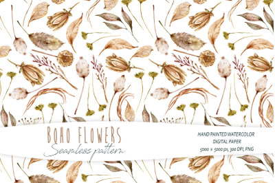 Watercolor boho floral seamless pattern - 1 PNG &amp; JPEG file