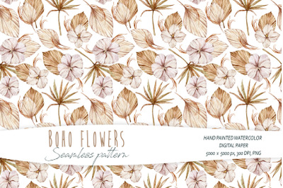 Watercolor boho dried leaves seamless pattern- 1 PNG &amp; JPEG