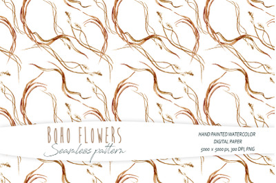 Watercolor boho dried leaves seamless pattern- 1 PNG &amp; JPEG