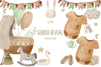 Watercolor gender reveal clipart PNG, Baby shower clipart, Boho newbor