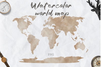 Watercolor world map PNG clipart, world map wall art PNG