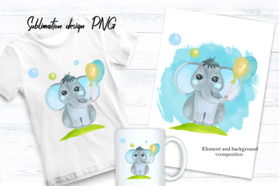 Baby Boy Elephant With Balloons Sublimation Design
