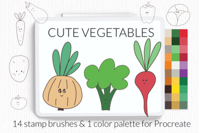 Cute vegetable Procreate stamp brushes. Veggie doodle kawaii stamp bru