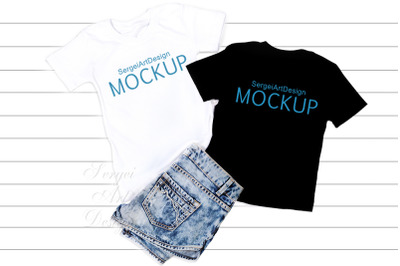Black &amp; White Unisex T-Shirts Flat Lay, T-Shirt Mock Up, Mock Up, Flat Lay, Feminine Flat Lay