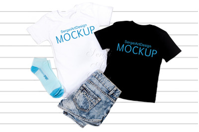 Bella Canvas Black &amp; White Unisex T-Shirts Flat Lay, T-Shirt Mock Up,