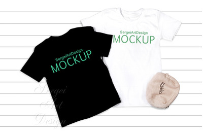 2 White and Black T-Shirt Mockups, Two Short Sleeve T-Shirt, Apparel D