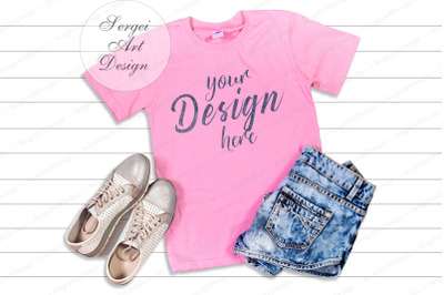 Pink T-Shirt Flat Lay Mockup, Short Sleeve T-Shirt, Apparel Display