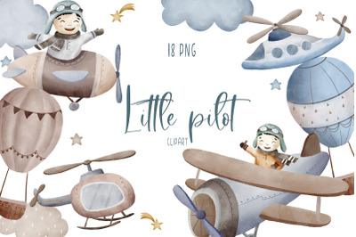 Watercolor Little pilot clipart, Airplane clipart PNG