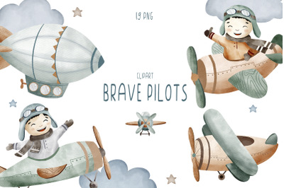 Watercolor Little brave pilot clipart, Airplane clipart PNG