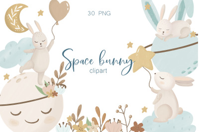Watercolor space bunny clipart, Rabbit clipart, Space png