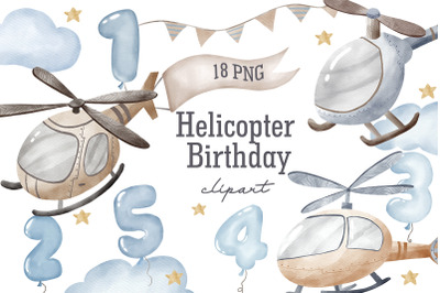Watercolor helicopter PNG, Balloon numbers PNG, Airplane PNG