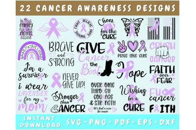 Cancer Awareness SVG Bundle, 22 Designs, Lavender Cancer Ribbon SVG