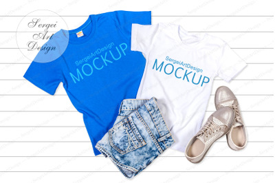 Blue and White T-Shirt Mockup, Flat Lay Tee Shirts,Bellacanvas Flatlay