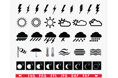 SVG Weather Icons, Lunar Phases, Black silhouettes, Digital clipart