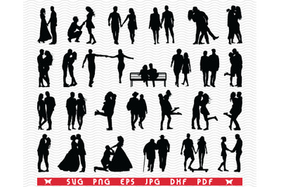 SVG Couples, Isolated Black silhouettes, Digital clipart